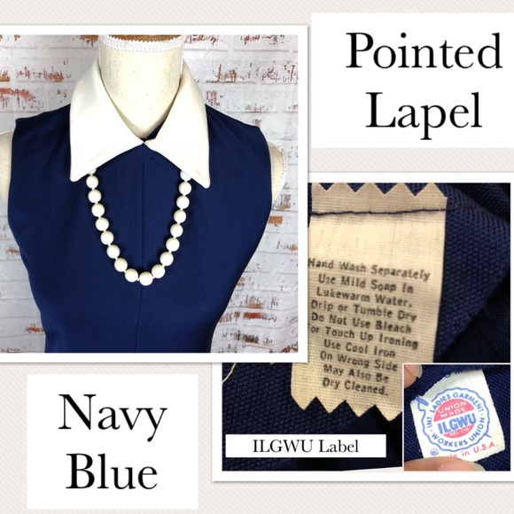 ILGWU White Pointed Lapel Navy Blue Sheath Dress - Picture 2 of 7